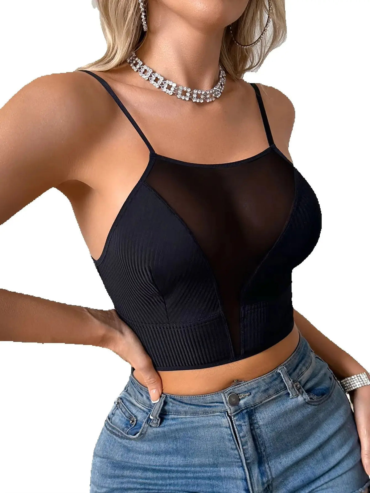 Women Sheer Mesh Cropped Camisole Top Ribbed Wireless Tank Top Thin Sexy Lingerie Bra