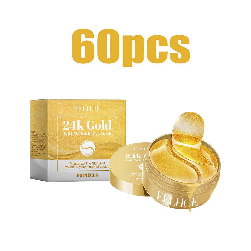 60Pcs 24K Gold Anti‑Wrinkle Eye Mask Collagen Hyaluronic Acid Eye Patches Moisturizing Brighten Dark Circles Firming Under‑Eye