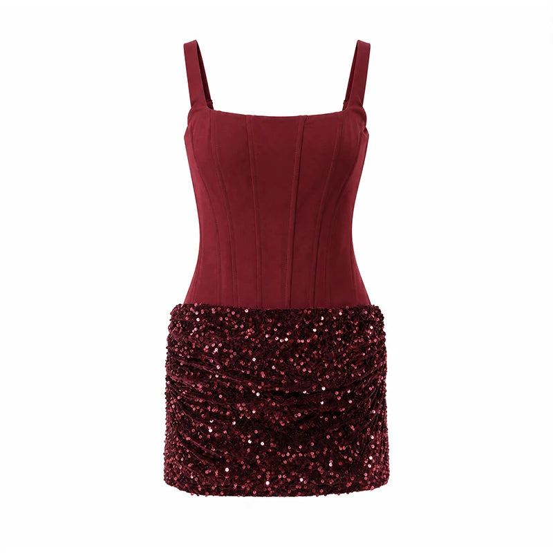 Sexy Women Pleated Bodycon Dress Sequin Backless Slim Spaghetti Strap Mini Summer Dresses 2026 Evening Nightclub Party Gown