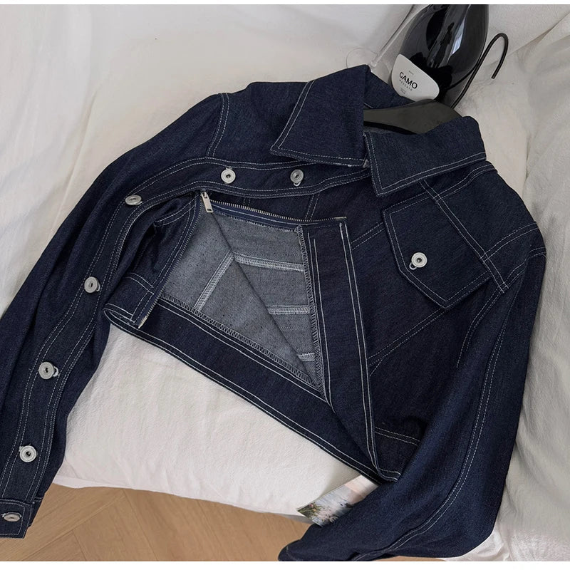 Vintage Wash Denim 2 Piece Sets Women Long Sleeve Crop Top Zipper Jacket and A-Line Mini Skirts Suits Streetwear Jeans Outfits