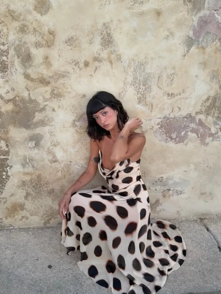 Trendy Slip Dress Animal Print V-neck Sexy  High Slit Fit Maxi Women Dresses Party Stylish Retro Summer Beach Street Outfits Y2k