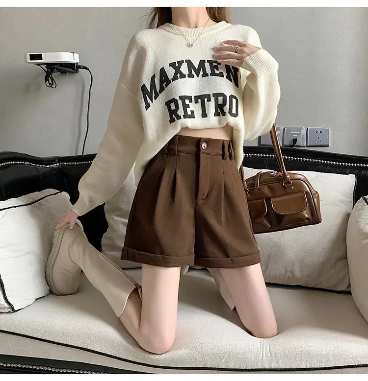 Women Office Lady Summer 2025 Solid Brown Thick High Waist Shorts Korean Style Wide Leg Boot Pants