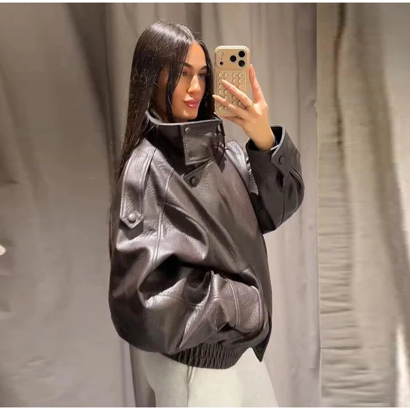 High Street Leather Jackets Women's Casual Double-breasted Turn Down Collar Loose Coats Elastic Waist 2026 Autumn New Outwear