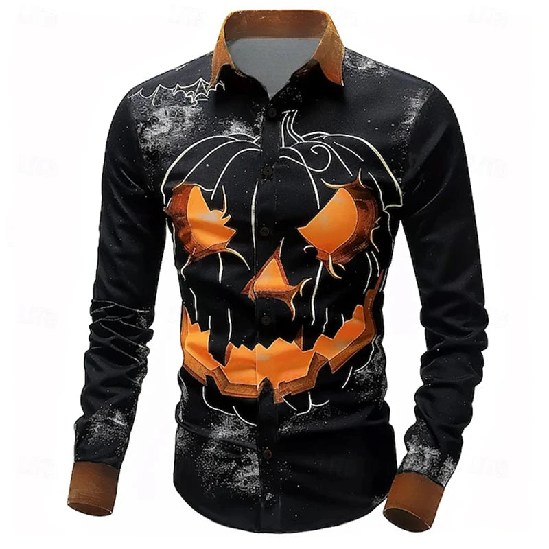 2026 Halloween Fun New Fall and Winter Yellow Shirt Halloween Party Fashion Men's Long Sleeve Tops Temperament Button Down Shirt