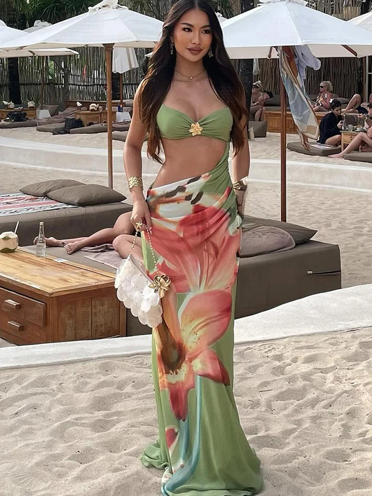 Nibber Elegant Vacation Long Dress Woman Metal Decoration Floral Print Low-Neck Hollow Navel Exposed Design Beach Style Vestidos