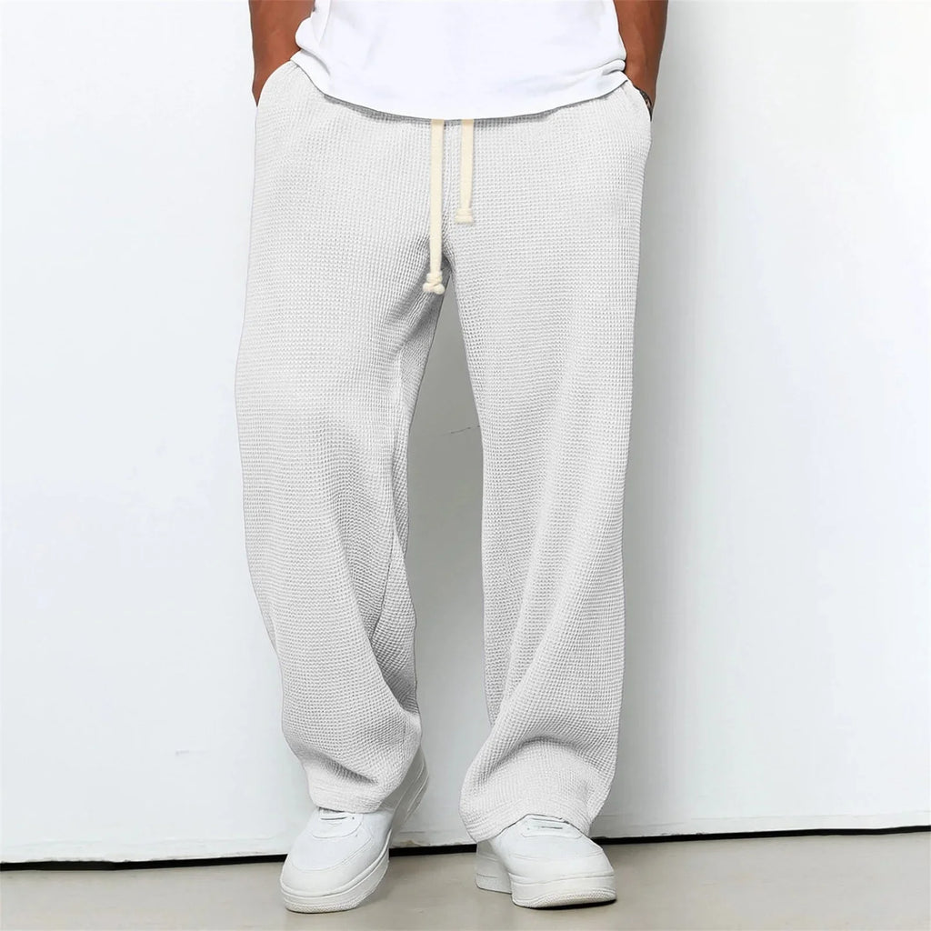 Men's Retro Knitted Waffle Sweatpants, Loose Straight Leg Solid Color Pants with Elastic Waist and Drawstring, Suitable for Autu