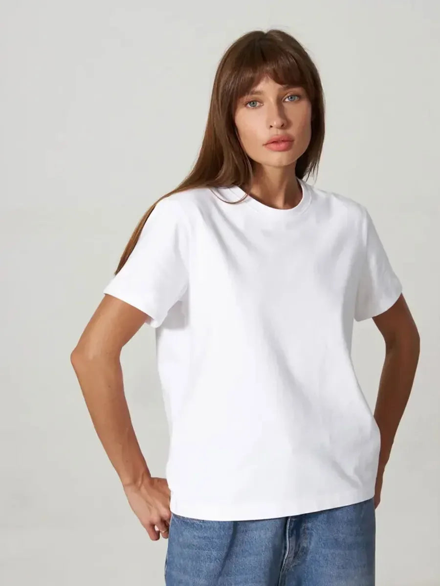 Summer 100% Cotton Women's T-shirt Bottoming Basic Fashionable Lady Short Sleeve Loose Tops Shirts Solid 200g/㎡ Tops