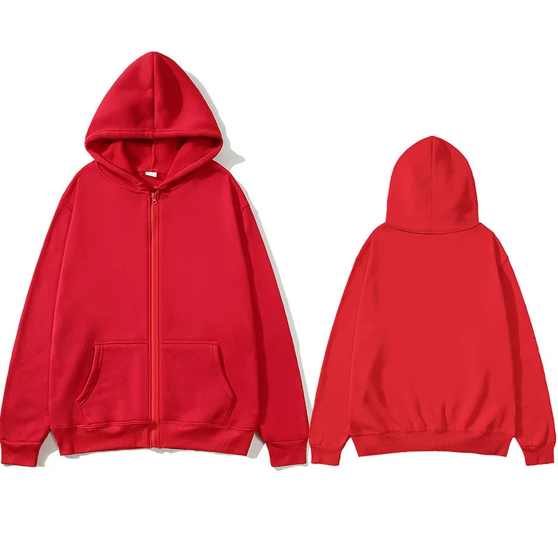 Oversized Unisex Hoodie, Solid Color Zip Up Jacket, Casual Street Trendy Plain Hooded Sweatshirt