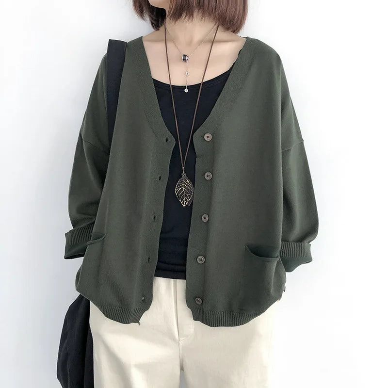 Johnature Women Cardigan Sweaters Solid Color Loose V-Neck Long Sleeve Coats 2025 Autumn New Button Pockets Female Sweaters