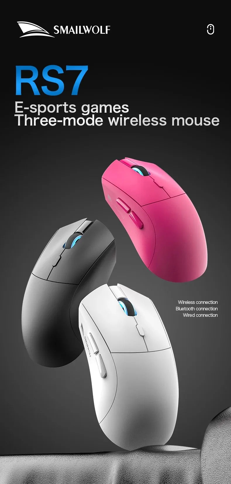 SmailWolf RS7 Tri-Mode Wireless Gaming Mouse Original PAW3311 BT5.1 2.4G Type-C Wired 6 Keys 125-1000Hz Polling Rate 89±3g