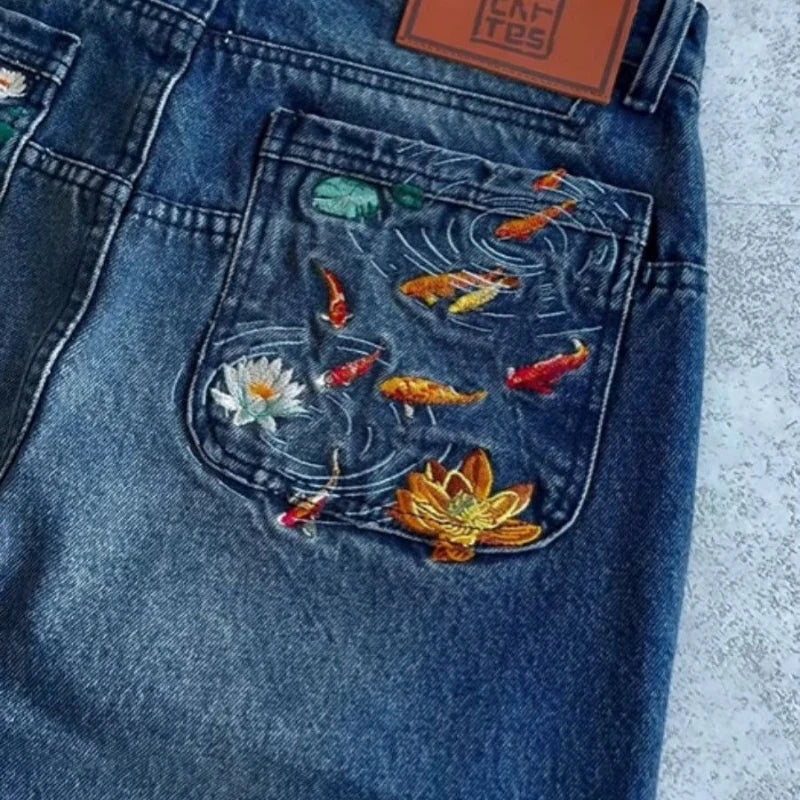 Mens Jeans Embroidery Goldfish Tiger Washed Denim Pants Harajuku Unisex Loose Fit Straight Leg Dark Blue Casual Streetwear New