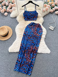 Retro Style Printed 2 Pieces Set for Women Fashion Summer Sleeveless Cropped Camis Top + Elastic Waist Bodycon Long Skirt Suits