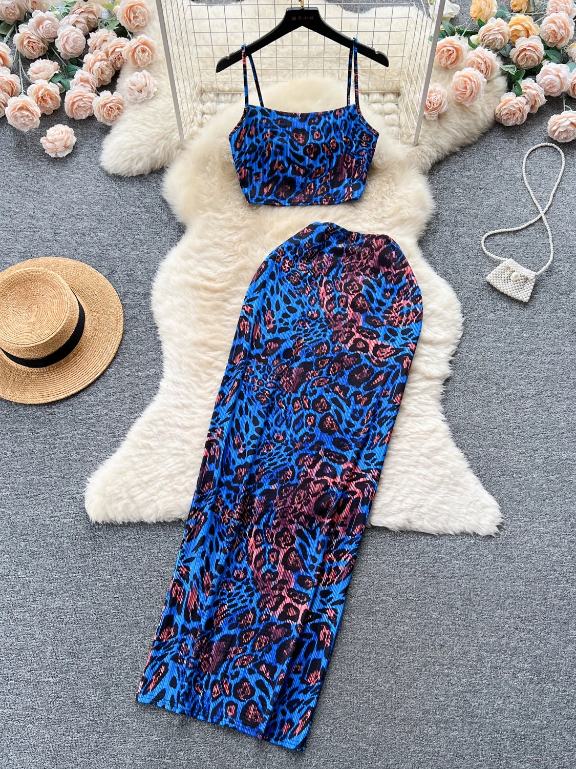 Retro Style Printed 2 Pieces Set for Women Fashion Summer Sleeveless Cropped Camis Top + Elastic Waist Bodycon Long Skirt Suits
