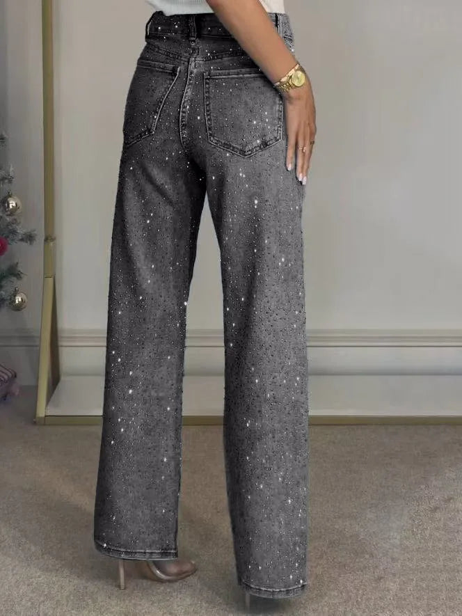 Shiny Rhinestone Jeans Pants Sexy Women High Waist Elegant Night Club Diamonds Denim Straight Trousers