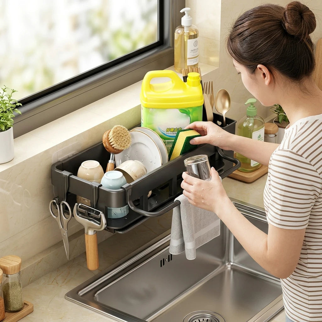 Kitchen Sink Organizer Rack Stainless Steel Drainage Storage Shelf For Cleaning Tools