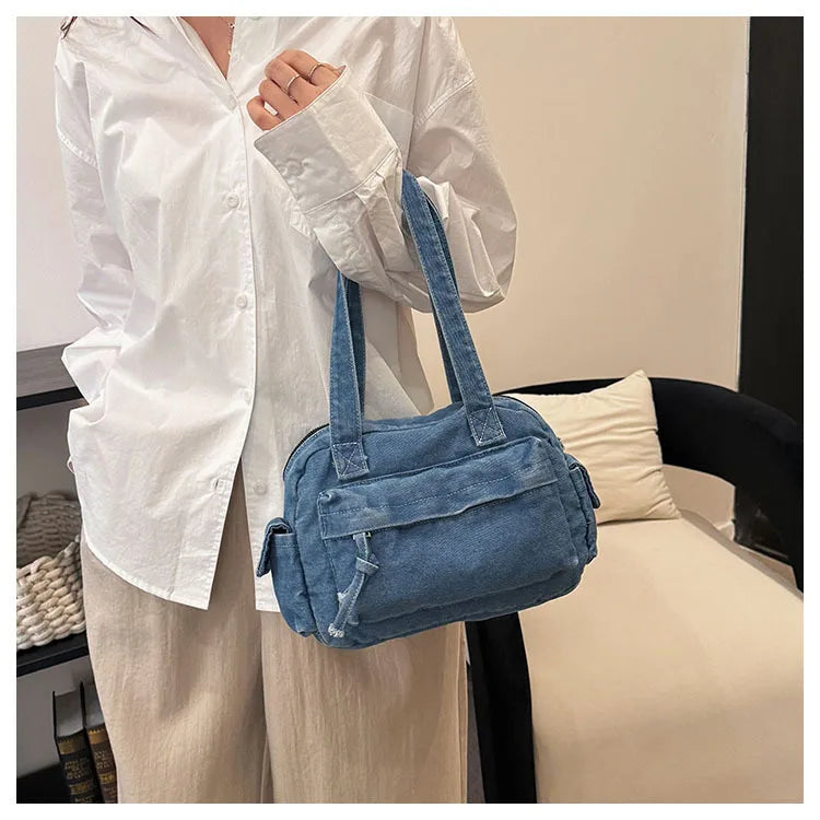 Trendy Vintage Denim Top Handle Bag Women Fashion Spring Shoulder Bag Casual Comfortable and Versatile Texture Storage Bag