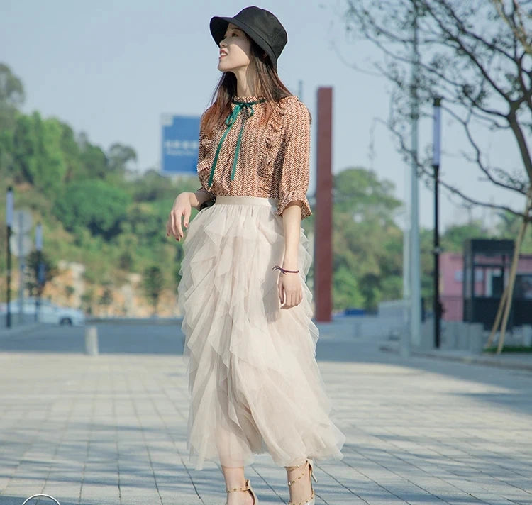 Tutu Tulle Long Maxi Skirt Women Fashion Korean Cute Pink High Waist Pleated Skirt Mesh Female Lady Aesthetic Faldas