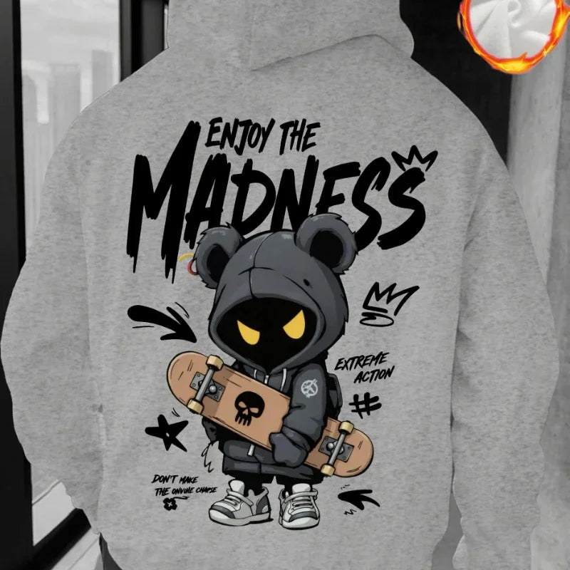 Men's Casual Street Hooded Sweatshirt with Hand-drawn Cartoon Portrait and Letter Pattern Print. Fall/Winter Hooded Shirt.