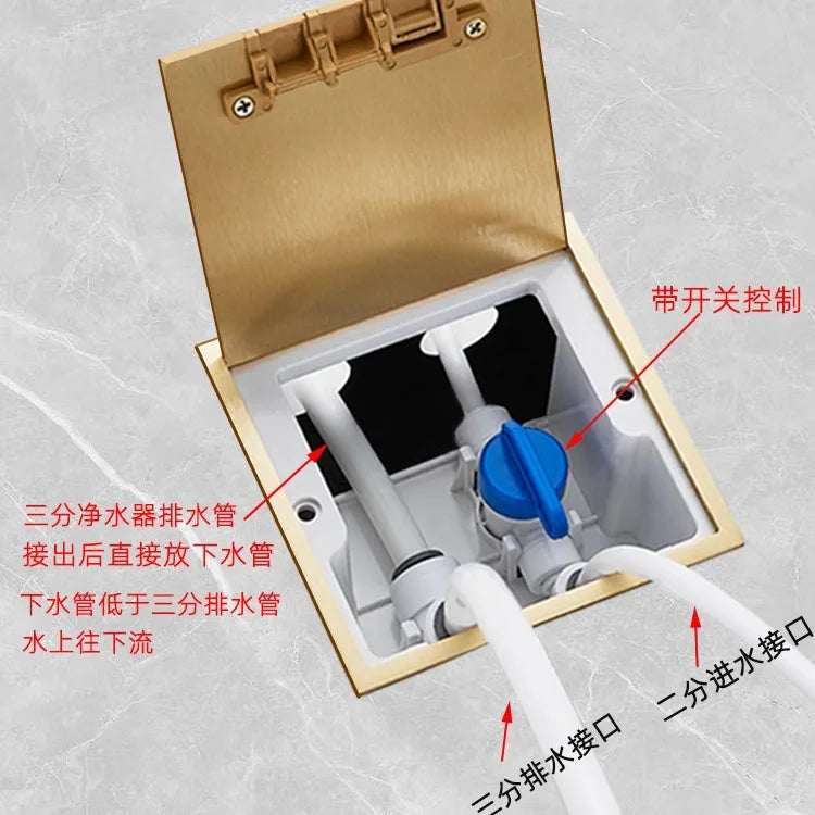 All-copper waterproof flat water purifier floor socket with switch button two-part water inlet and three-part drain socket