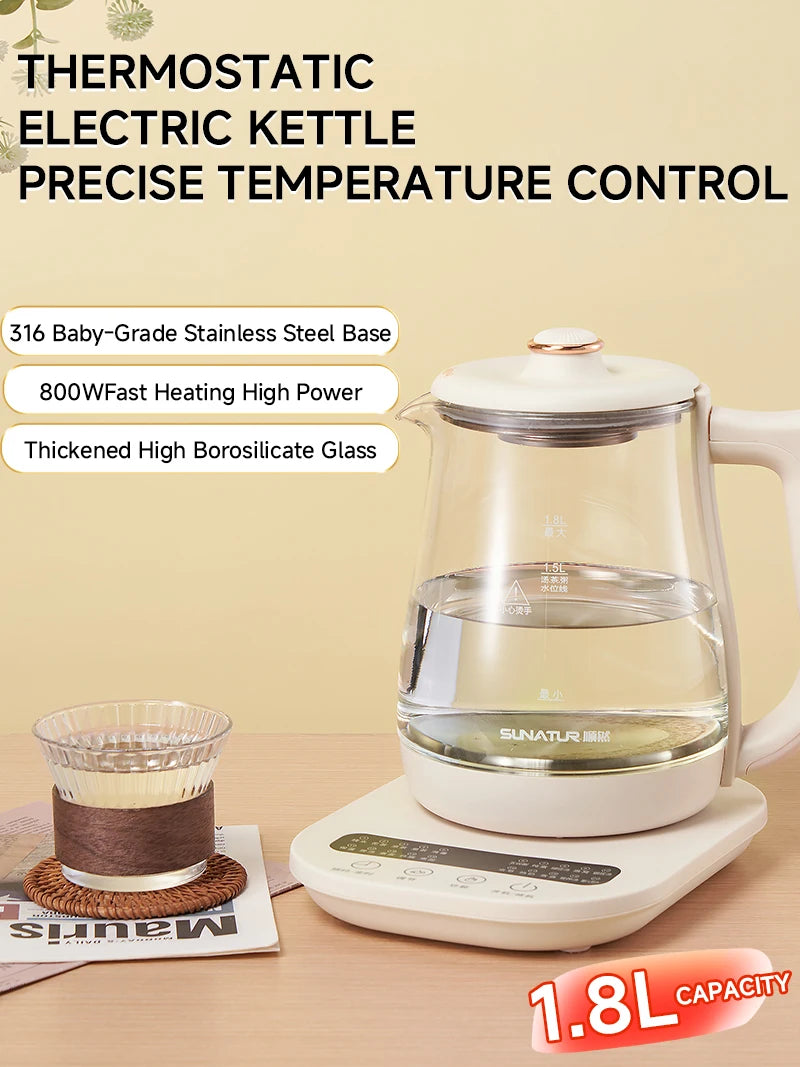 SUNATUR Kettles Electric Glass 220V Multifunction Health Pot Milk Fruit Tea Coffee Water 800W 24-hour Heat Preservation
