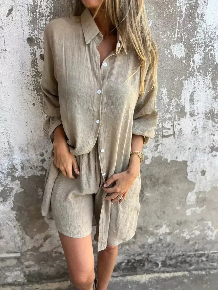 2026 Women's Casual Solid Color Cotton and Linen Shorts Long Sleeve Wrinkle Shirt Two-piece Set