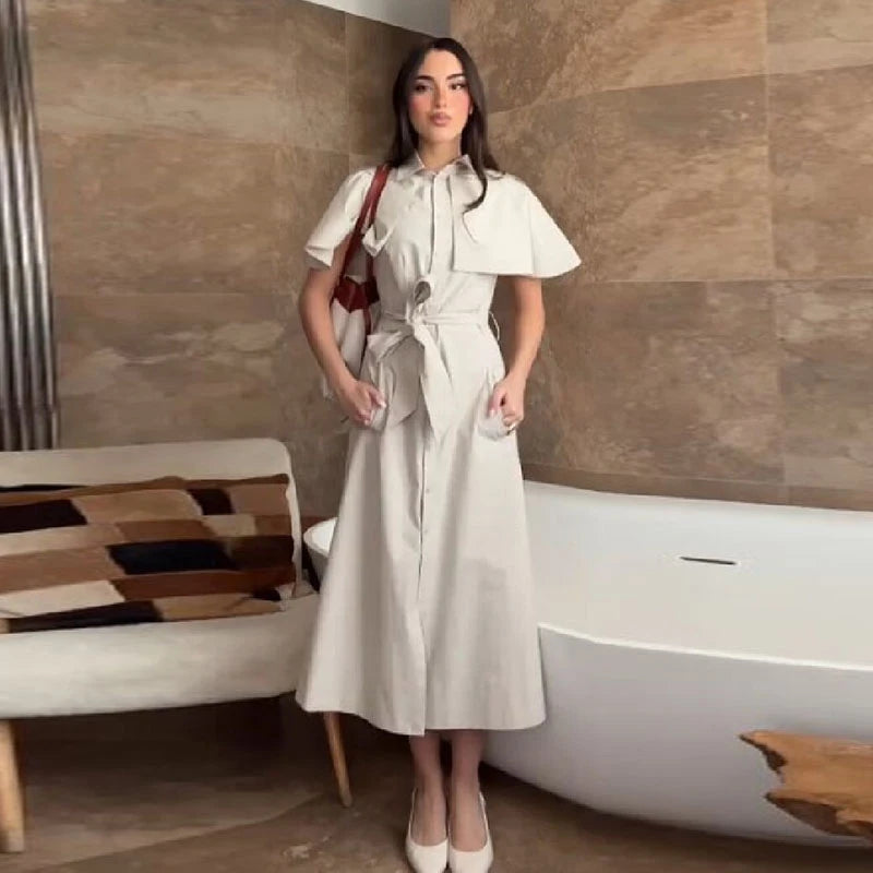 Women Trench Style Shirt Dress Solid Color Cape Sleeve Waist Belt Button Down Midi Skirt Casual Chic Daily Office Outfit New