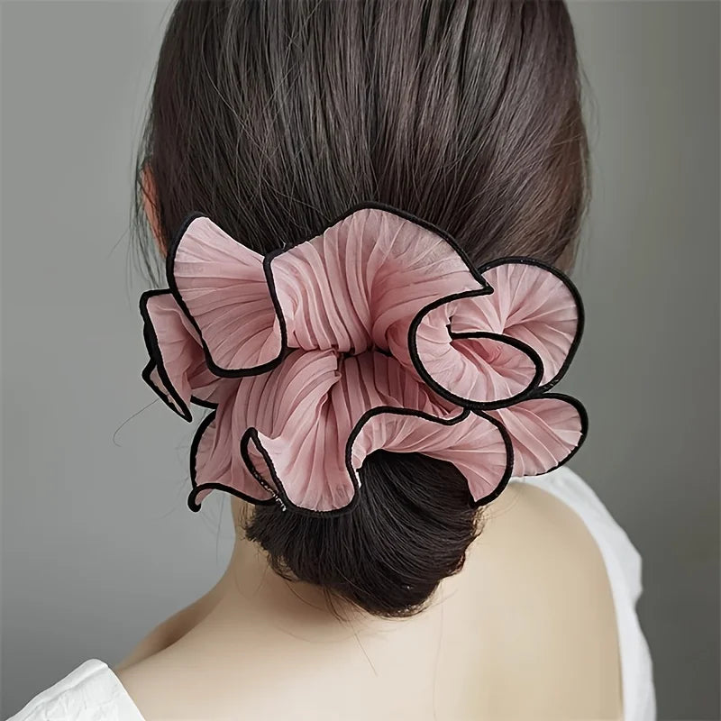 Elegant Tassel Design Fabric Hair Ties - Solid Color Chiffon Scrunchies, Pleated Hair Bands for Women'S Bun