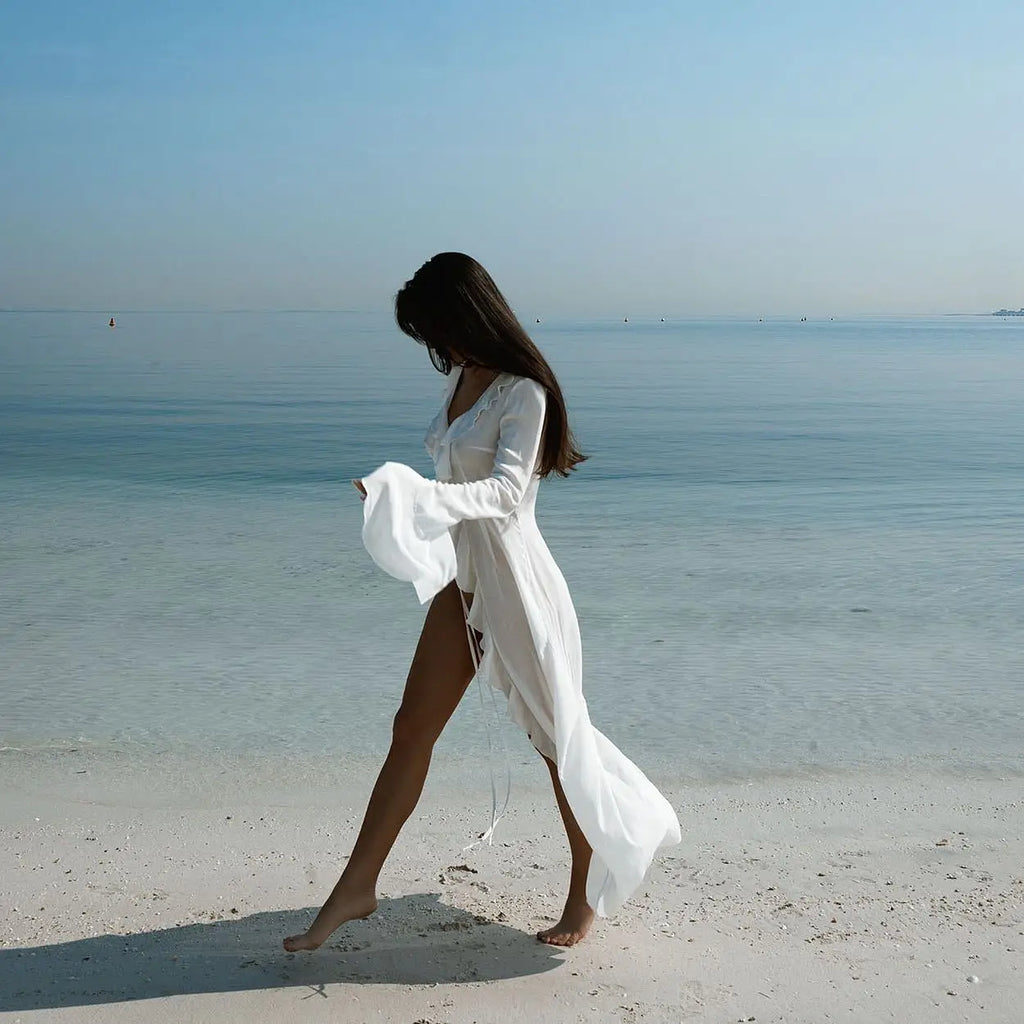 New Chiffon Tunic Beach Cover Up Cover-ups Dress Sunscreen Beachwear Womens Clothing Sexy V Neck Ruffled Long Sleeve Black White