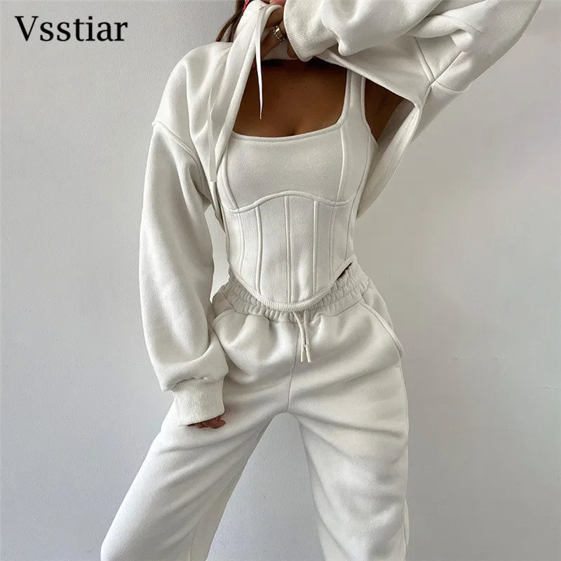 Vsstiar Women Three Piece Set Long Sleeve Hooded Crop Top Irregulary Tanks Pockets Pants Casual Tracksuit Fashion Female Clothes
