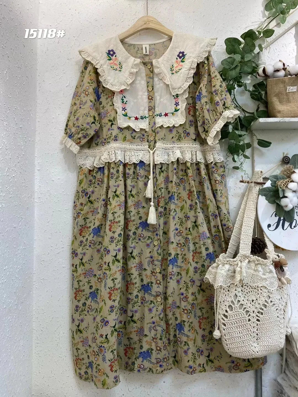 Vintage Embroidery Art Print Kawaii Dress Women Japanese Mori Girl Peter Pan Collar Patchwork Cotton Linen Dress Loose Vestidos