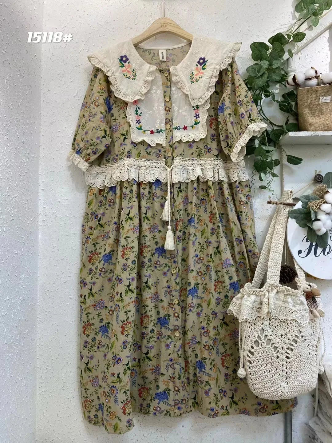 Vintage Embroidery Art Print Kawaii Dress Women Japanese Mori Girl Peter Pan Collar Patchwork Cotton Linen Dress Loose Vestidos