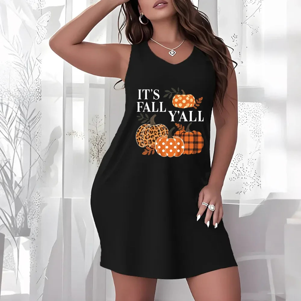 Autumn Fall Theme Women Plus Size Sleeveless Dress Maple Leaf Pumpkin Tree Heart Print Loose Casual Home Vacation Lounge Dress