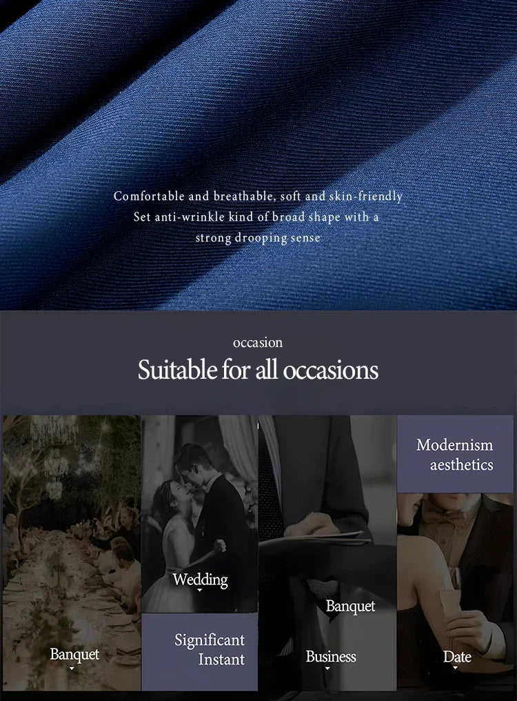 ST Cassy Dark Blue Men's Suit Slim Fit Solid Color Suit Formal Business Office Single Breasted Coat Pants 2 Pieces Set