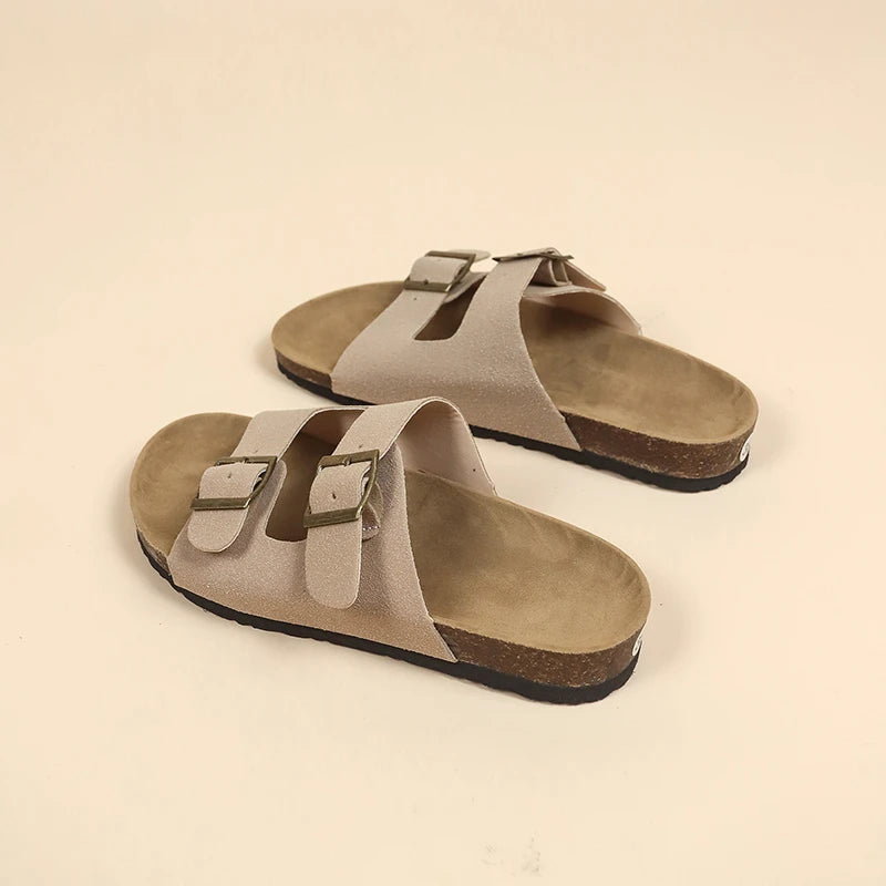 Women's Flat Outdoor Beach Casual Slippers Man Sliders Thick Sole Leather Cork Sole Sandals and Slippers