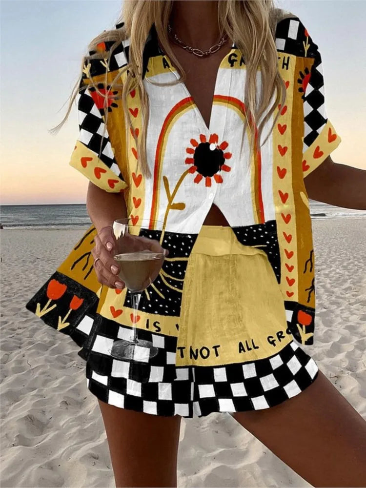 Fashion Lapel Short-sleeved Single-breasted Shirt Top + Shorts 2-piece Set Women Elegant Summer Print Loose Casual Suit Female