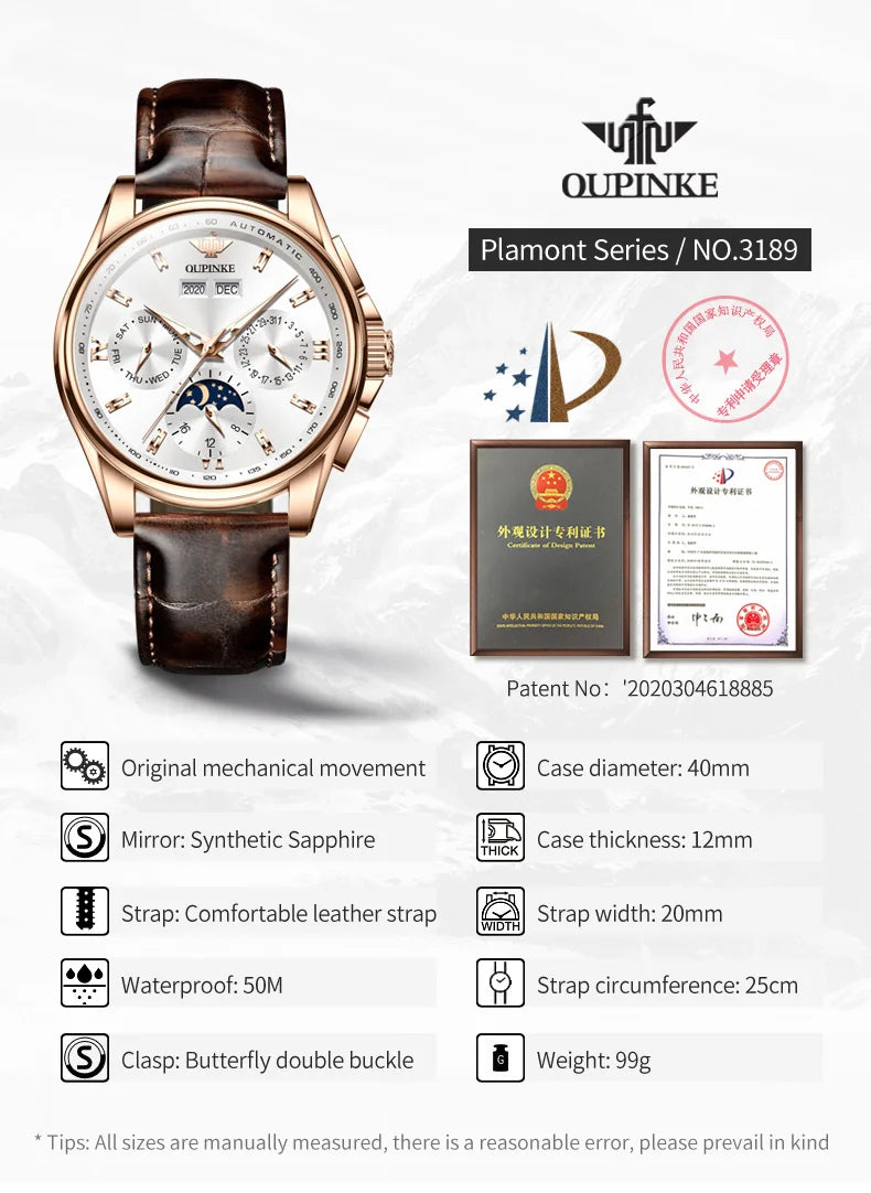 OUPINKE Top Men's Automatic Mechanical Wrist Watch Leather Strap Luxury Business Multi functional Lunar Phase Dial Reloj Hombre