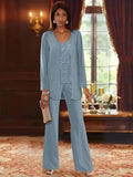 Pantsuit 3 Piece Mother of the Bride Dress Formal Wedding Guest V Neck Chiffon Lace Sleeveless with Beading Sequin 2024