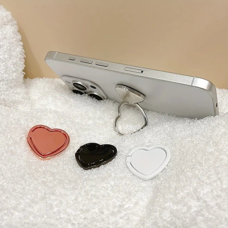 Fashion Universal Plating Gold Silver Black Metal Double Finger Ring Mobile Phone Talk Heart Shape Grip Stand Holder Women Gift