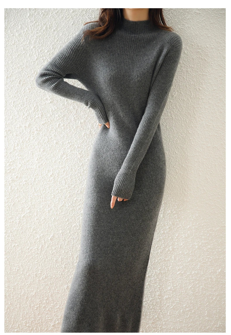 Autumn and winter semi high neck drawstring high elasticity slim fit 100% wool pullover dress, mid length over knee cashmere