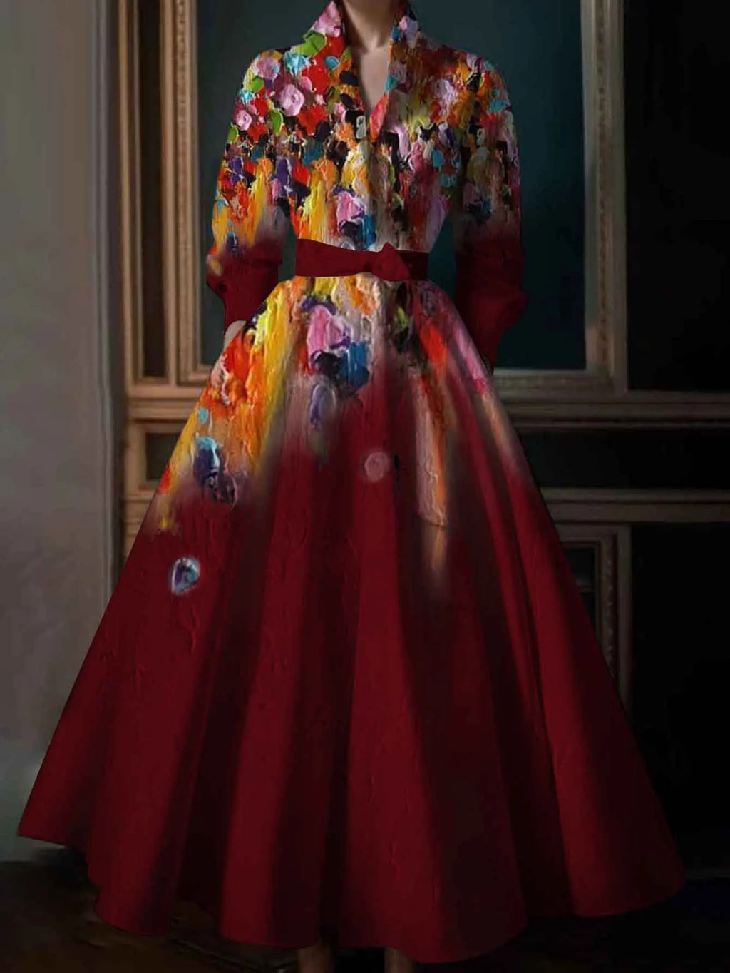 Elegant Floral Printing Maxi Dresses Multicolor Turndown Collar Long  Sleeve Cotton Long Dress Party Wedding Evening Dress 2024