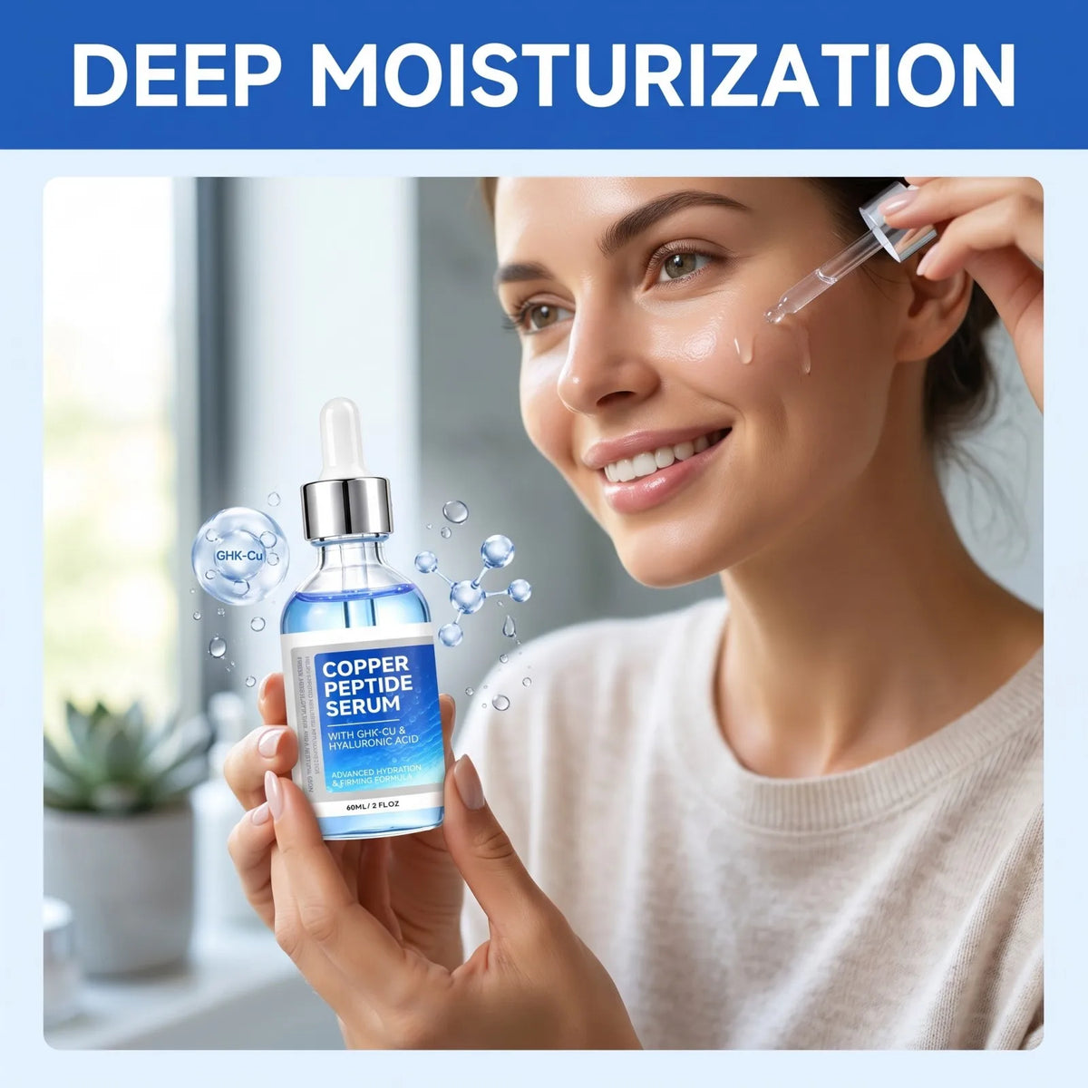 Copper Peptide Face Serum with Hyaluronic Acid & Niacinamide, GHK-Cu Hydrating Serum for Firm, Smooth & Glowing Skin 60ml