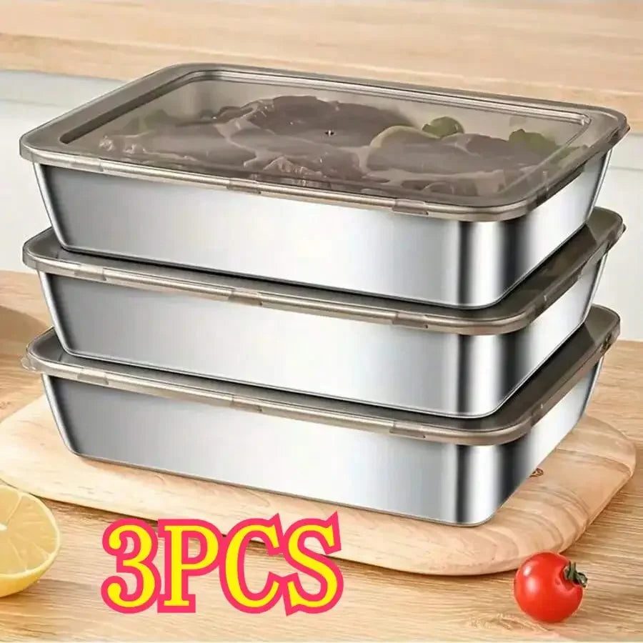 3/5-Piece Set Of High-Quality Leak Proof Stainless Steel Food Storage Containers - Made Of 410 Heavy-Duty Stainless Steel Material, Reusable And Stackable With Sealed Lids For Freshness Preservation, Suitable For Salad, Fruit