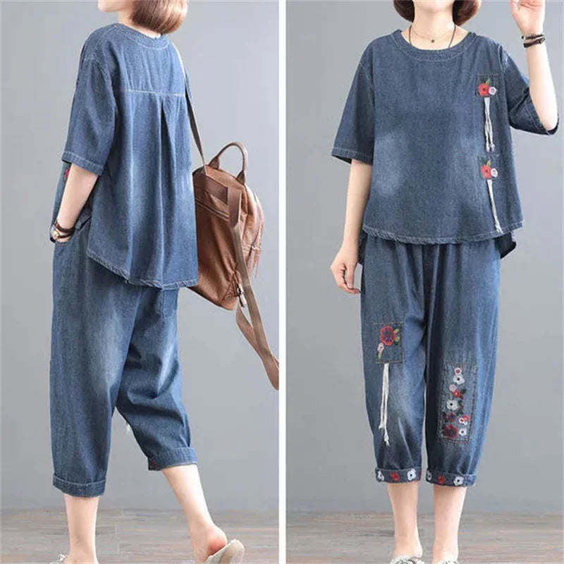Women Denim Set Female Jeans Two Piece Set 2025 New Spring Summer Thin Korean Loose Cowboy Pants 2 Piece Set Large Size 2PCS