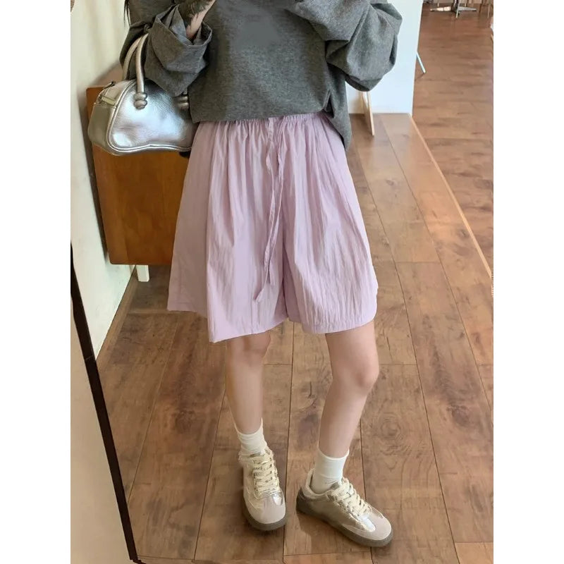Summer New Solid Women’s Shorts Casual Drawstring Design Wide Leg Pants Women Korean Streetwear Shorts Trousers Oversized 2026