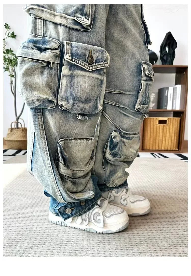 Jeans Women Denim Distressed Multi Pocket Y2k Streetwear Cargo Pants Casual High Waist Zipper Fly Winter Gradient Mom Jeans