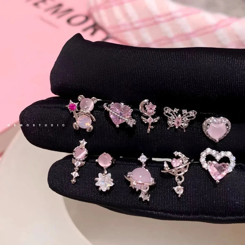 1 PCS New Fashion Cute Pink Zircon Crystal Ear Bone Nail 316L Medical Titanium Steel Earrings for Women Y2K Punk Jewelry
