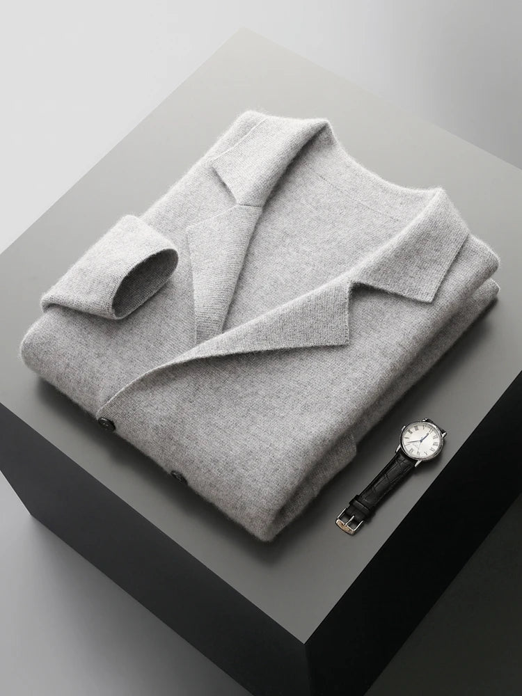 100% Merino Wool Sweater Men's Suit Collar Cardigan Smart Casual Knitwear Autumn Winter Cashmere Solid Coat Pockets Clothing Top