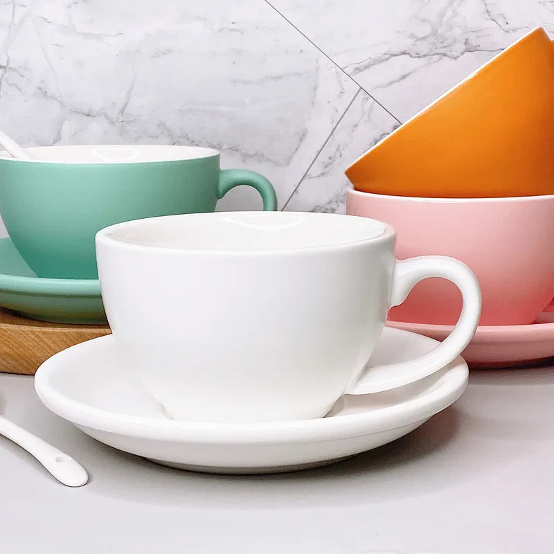 European Style Matte Latte Cup Ceramic Cappuccino Cup Large Mouth Coffee Cup Plate Set Handmade Craftsmanship 300ml
