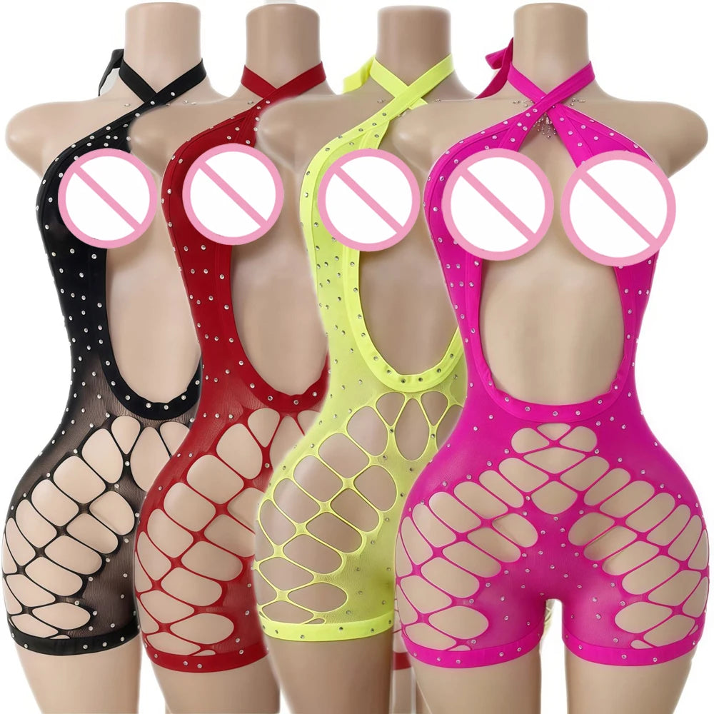Sexy Designer Stripper Outfits Hollow-Out Rhinestone Halter Romper Women Playsuit Dancewear Ballrooms Performance Wear Jumpsuit