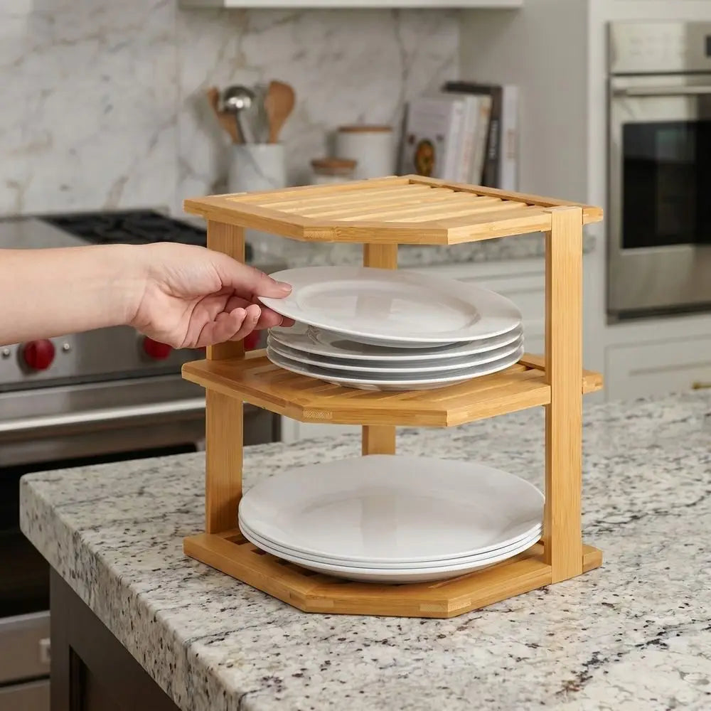 3 Tier Cabinet Organizer Shelf for Kitchen Storage Sturdy Plate Organizer Bamboo Corner Shelf Dish Rack for Cabinet Countertop